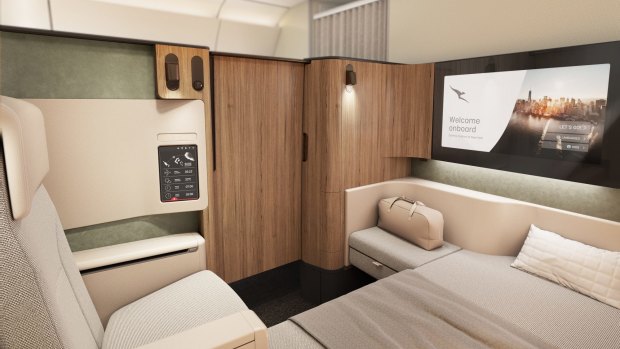 The fully enclosed first-class cabin, with separate flat bed and recliner chair, is a design-first for the Australian carrier