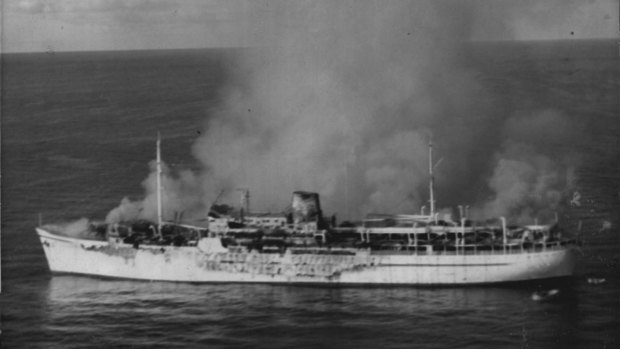 The Australia-bound migrant ship Skaubryn on fire in the north Indian Ocean, early April 1958