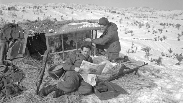 Australian soldiers during a moment of respite on the front line in Korea, 1950.