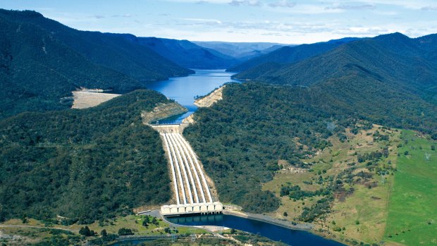 Dam and water storage for the hydro scheme in the Snowy Mountains.