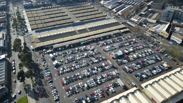 An aerial photo looking north over the Queen Victoria Market. 