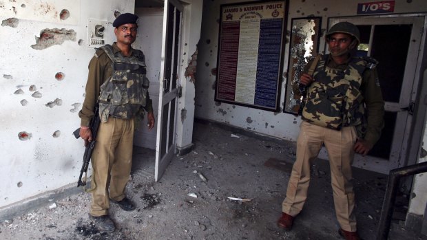 Indian security personnel at the scene of Friday's attack on a police camp in the Kathua district.