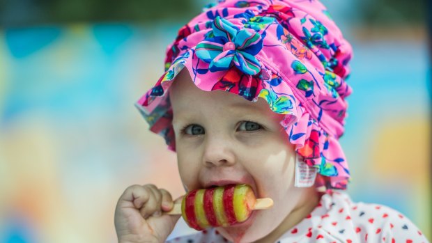 18-month-old Zoe Payne of Casey cools of with the help of an icy pole at Big Splash Waterpark. 