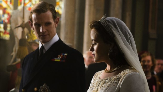 Matt Smith as Prince Philip and Claire Foy as Queen Elizabeth II in <i>The Crown</i>.