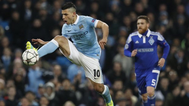Manchester City's Sergio Aguero leaps to control the ball during the Champions League round of 16 clash with Dynamo Kiev in Manchester.
