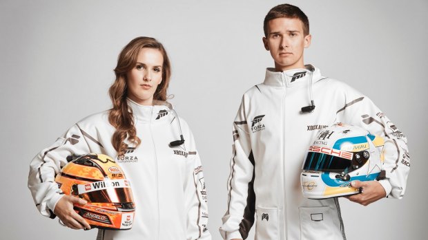 Professional driver Chelsea Angelo, and Porsche junior driver Matt Campbell, in Forza onesies.