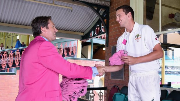 His own man: Glenn McGrath and Josh Hazlewood in part of the Jane McGrath Day activities at the SCG on Tuesday.