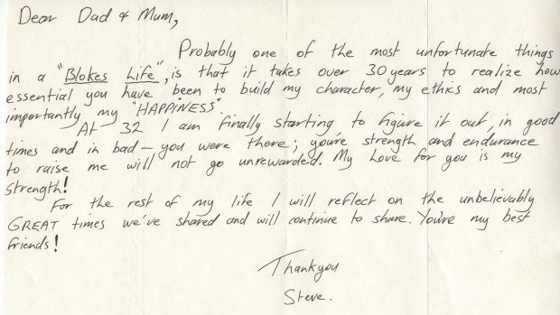 Steve Irwin penned the letter to his parents when he was 32, thanking them for shaping his character.