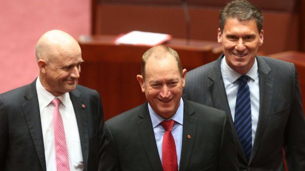 New senator Fraser Anning is escorted by fellow crossbench senators David Leyonhjelm and Cory Bernardi on Monday.