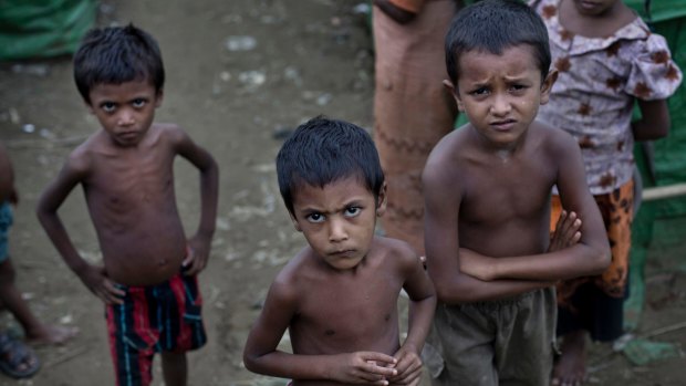 Rohingya children in a refugee camp in  Rakhine, Myanmar.