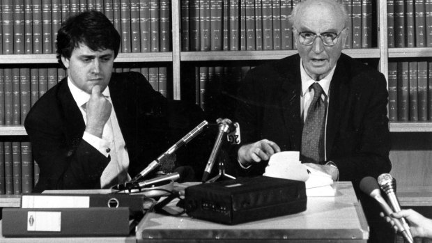 Malcolm Turnbull and his client, the author of <I>Spycatcher</I>, Peter Wright, in 1986.