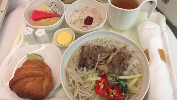 The writer was served a breakfast of beef pho on her Vietnam Airlines business class flight.