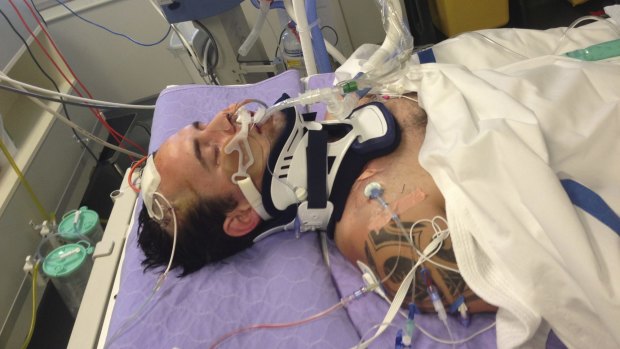 Matt Pridham in Canberra Hospital after the attack.