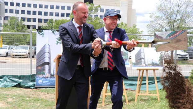 Chief Minister Andrew Barr was joined by the airports managing director, Stephen Byron, to turn the first sod for Constitution Place.