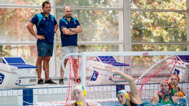 Australian women's water polo team starting their 2020 Olympic games preparation at the AIS. From left, Assitant couch Predrag Mihailovic, and head coach Sakis Kechagias. 