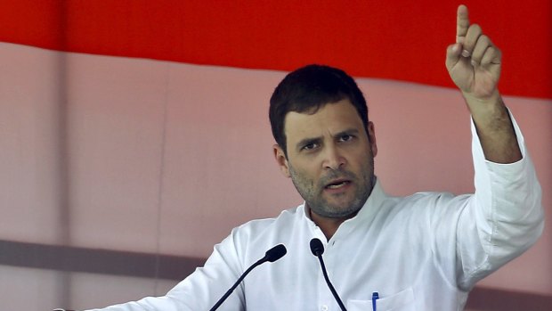 India's Congress party vice president Rahul Gandhi gestures during an address at a farmers' rally at Ramlila.