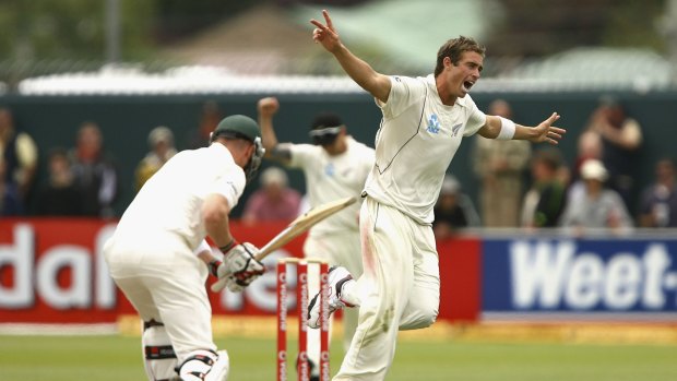 Tim Southee in action against Australia in the second Test in Hobart in 2011. 
