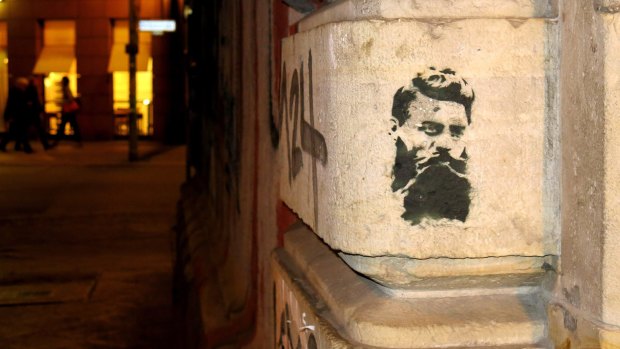 Haha's stencil of Ned Kelly in Berlin has been seen all over Melbourne, and even in Berlin.