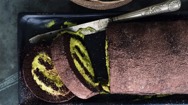 Rolled chocolate cake with matcha cream