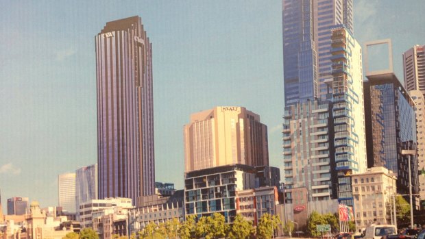 An artist's impression of a skyscraper proposed for 14-22 Russell Street (on left).