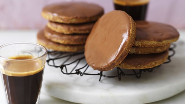Chocolate-coated digestive biscuits.