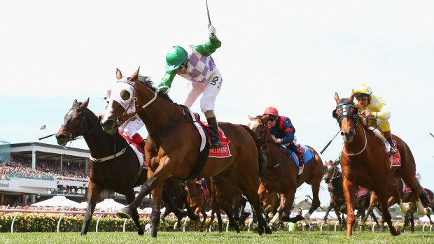 Michelle Payne rides to the front on Prince of Penzance to win the Melbourne Cup on Tuesday.