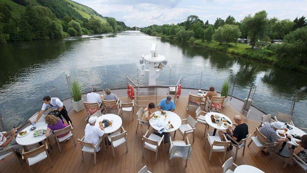 Lunch is served on the deck of a Viking river ship. The open spaces on the top decks are great places from which to watch the passing scenery.