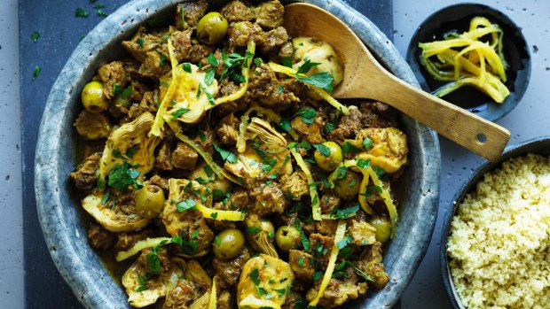 Lamb tagine with preserved artichokes, lemon and green olives.
