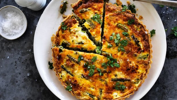 Roasted asparagus and crab quiche.