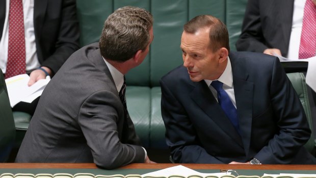 Leader of the House Christopher Pyne and Tony Abbott during question time at Parliament House. 