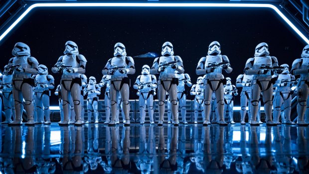 Fifty menacing Stormtroopers await guests as they arrive in the hangar, part of Star Wars: Rise of the Resistance.