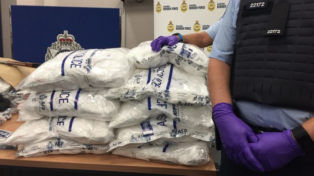 The AFP show off some of the 540 kilograms of methamphetamine in Sydney on Wednesday.