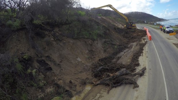 Battering works along the Great Ocean road at Wye River after landslides.