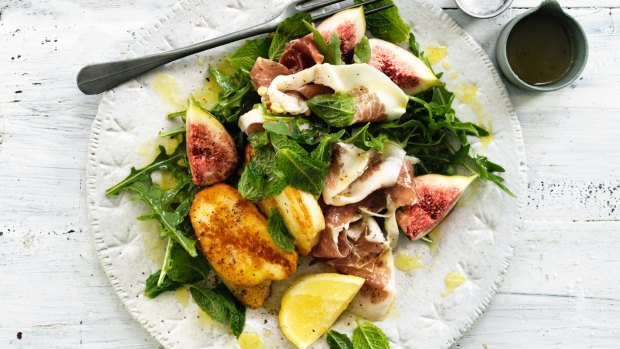 Warm salad of haloumi, prosciutto and figs.