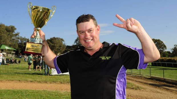 Trainer Joe Cleary celebrates after Hudson Country took out the Queanbeyan Cup.