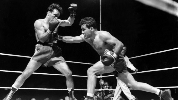Jake LaMotta (right) fighting Marcel Cerdan in Detroit, 1949.
