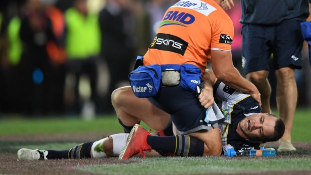 Grand final nightmare: Shaun Fensom suffered two breaks to his leg.