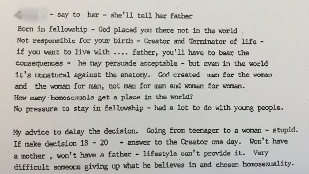 Notes from a meeting in which Exclusive Brethren leader Bruce D. Hales tells a young girl she should not live with her father because he is homosexual.
