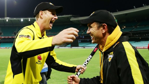 Next man up: Justin Langer, right, celebrates winning the Matador Cup with Adam Voges.