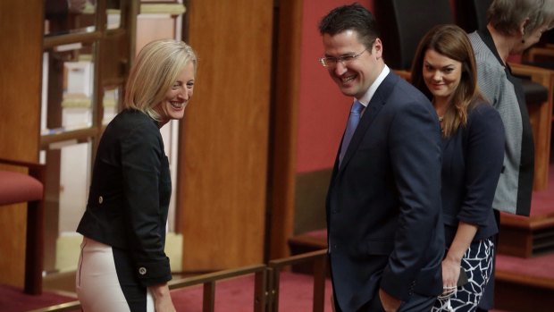Katy Gallagher and Zed Seselja at Parliament House when Ms Gallagher was sworn in as a new Senator for the ACT.