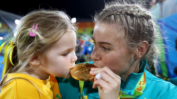 Golden moment: Sophie and Nicole Beck at the Rio Olympics.