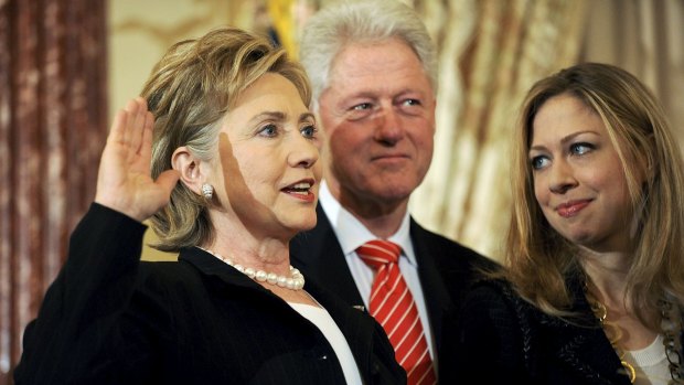 Hillary Clinton is joined by her husband Bill Clinton and daughter Chelsea as she is ceremonially sworn in as Secretary of State in Washington on February 2, 2009.