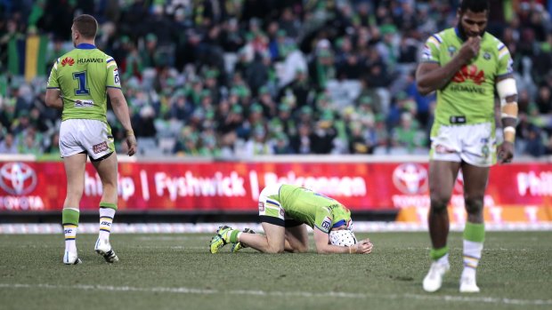 Canberra Raiders captain Jarrod Croker reacts after his side's tough 21-20 loss to the Cowboys at Canberra Stadium in round 15.