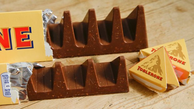 More valleys, fewer chocolate peaks: The old (rear) and new shape of Toblerone chocolate. 