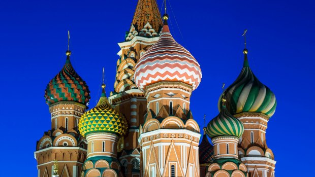 St Basil's Cathedral, whose popping domes are a swirl of candy-cane colours.