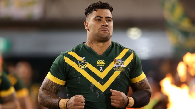 Andrew Fifita of the Kangaroos runs out to the field before the ANZAC Test match.