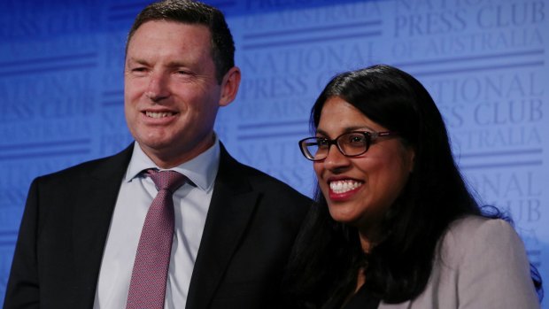 Karina Okotel and Lyle Shelton, of the Australian Christian Lobby, during the "Same-Sex Marriage - The No Case" speeches at the National Press Club.