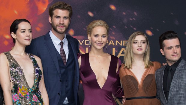 It's all over ... Jena Malone, Liam Hemsworth, Jennifer Lawrence, Willow Shields and Josh Hutcherson at the world premiere.