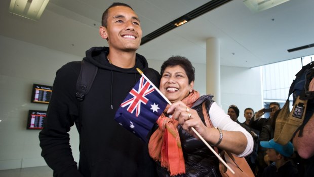Nick Kyrgios with his mother Nill at Canberra Airport.