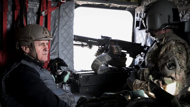 Prime Minister Malcolm Turnbull in a helicopter over Kabul earlier this year.